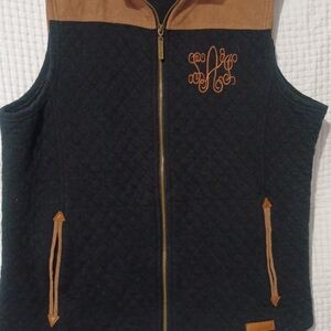 Quilted Black and Tan Zip-Front Vest with Monogram